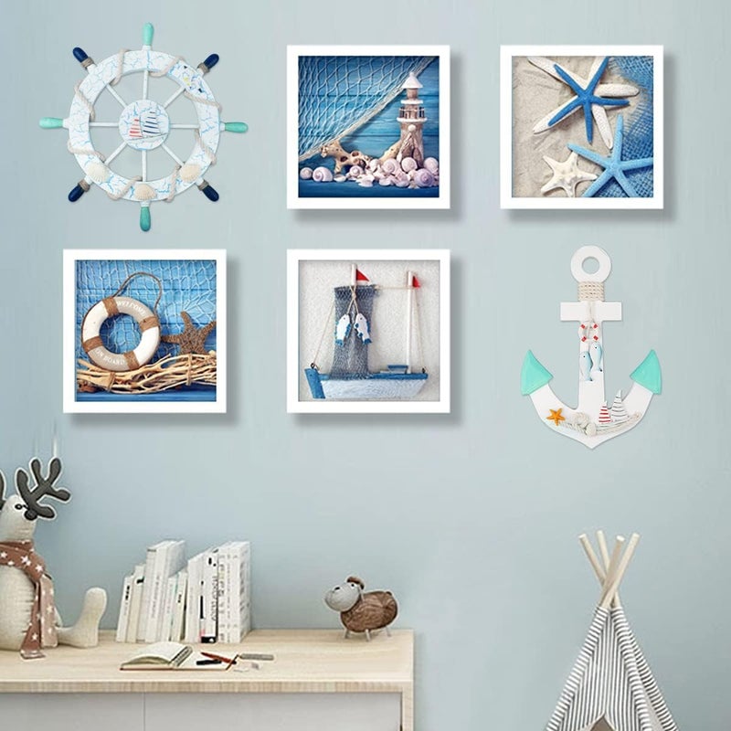 Meching 2 Pack 11" Nautical Beach Wooden Ship Wheel and 11" Wooden Anchor with Sailboat Nautical Boat Steering Wheel Rudder Anchor Wall Art Decor Door Hanging Ornament Beach Theme Home Decoration(Light Blue) - Image 4