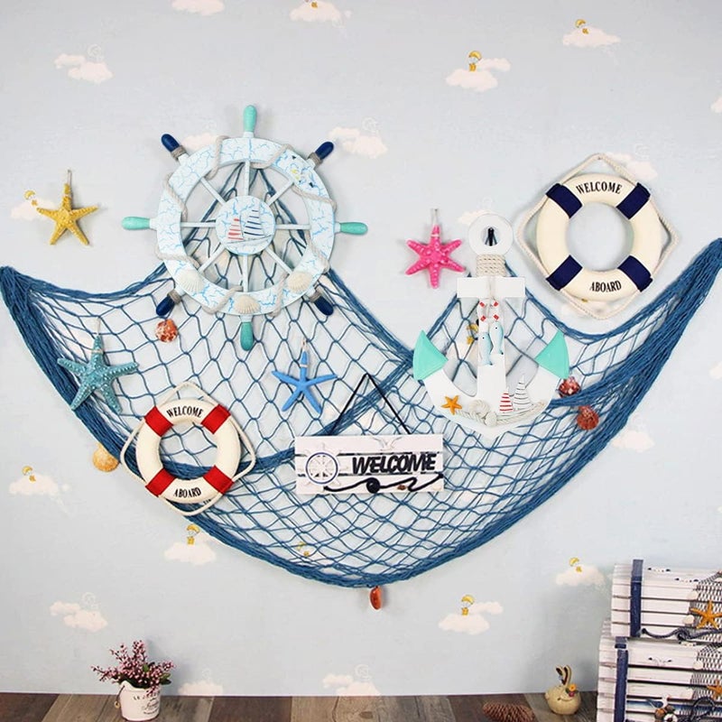 Meching 2 Pack 11" Nautical Beach Wooden Ship Wheel and 11" Wooden Anchor with Sailboat Nautical Boat Steering Wheel Rudder Anchor Wall Art Decor Door Hanging Ornament Beach Theme Home Decoration(Light Blue) - Image 3