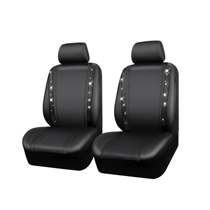 Car Cover Set, Universal Shining Diamond Seat Covers with Matching Headrest Covers Waterproof PU Leather Rhinestone Covers for Women Men, 4PCS (Black Diamond) - Image 1