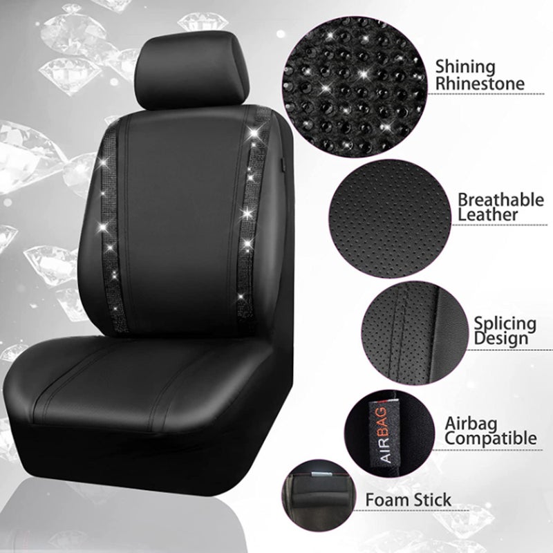 Car Cover Set, Universal Shining Diamond Seat Covers with Matching Headrest Covers Waterproof PU Leather Rhinestone Covers for Women Men, 4PCS (Black Diamond) - Image 4