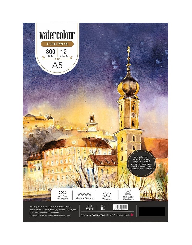 53 Arts 53ARTS Watercolor Medium Textured Pad (Wire-O) (12 Sheets 300 GSM Cold Pressed Special Watercolour Paper) (A5) - Image 1