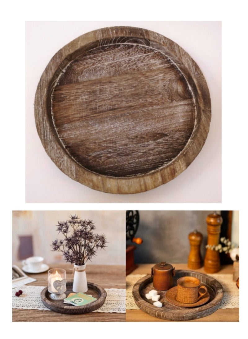OASIS-TH 1 Pack  Rustic Wooden Serving Tray Round Wood Decorative Candle Holder, Candle Holder Tray Home Decor, Butler Farmhouse Ottoman Tray for Home Coffee Table - Lightweight and Durable 31.5CM X29.5CM X3.5CM  - Image 1