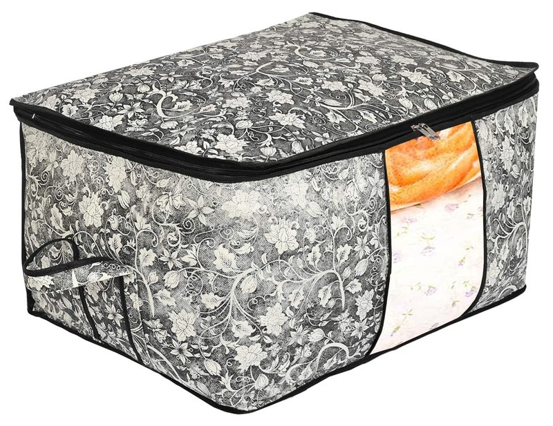 Kuber Industries Flower Print Foldable Woven Underbed Storage BagLarge Storage OrganiserBlanket Cover with Transparent WindowSize 65 x 45 x 31 CM BlackKUBMART16598Fabric - Image 1