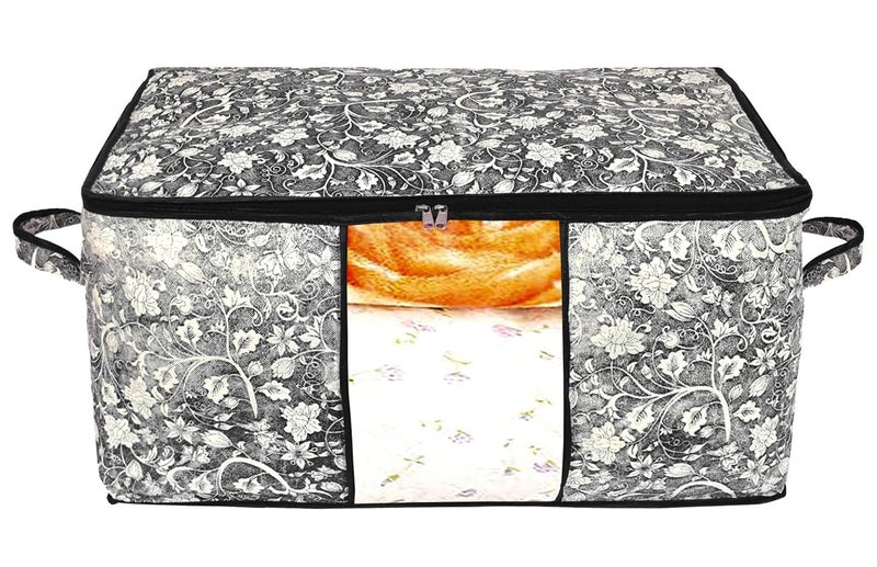 Kuber Industries Flower Print Foldable Woven Underbed Storage BagLarge Storage OrganiserBlanket Cover with Transparent WindowSize 65 x 45 x 31 CM BlackKUBMART16598Fabric - Image 3