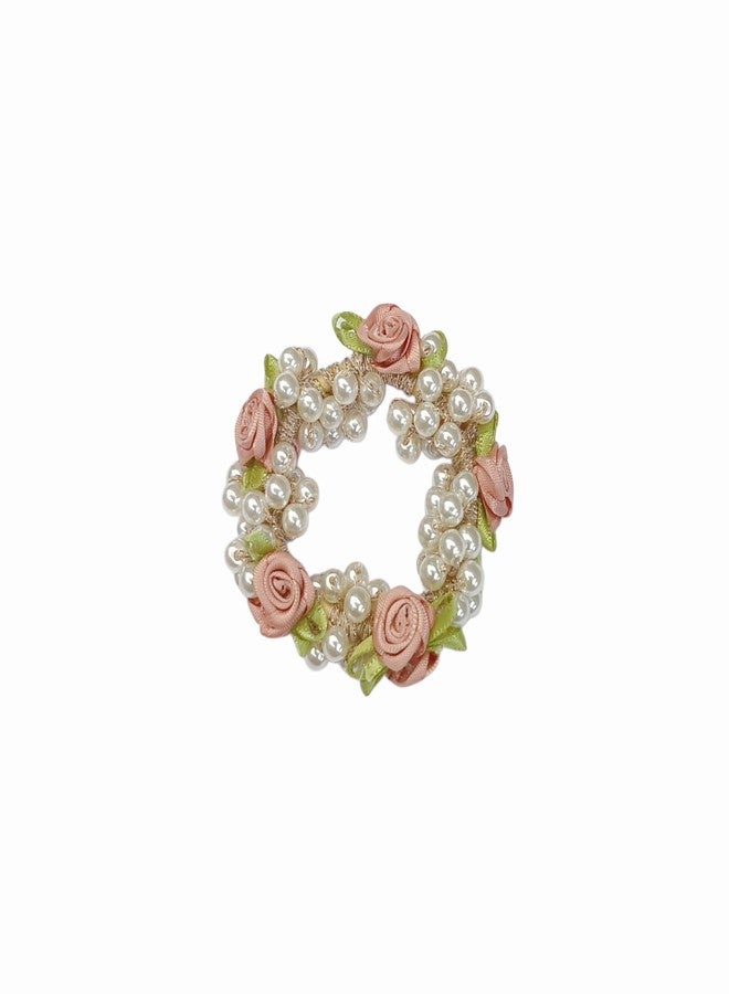 Fairytale Rose Pearl Hair Band High Elastic Hair Tie Ponytail Hair Tie Fashion Sweet Headwear For Girls And Womens. (Peach, Medium) - Image 1