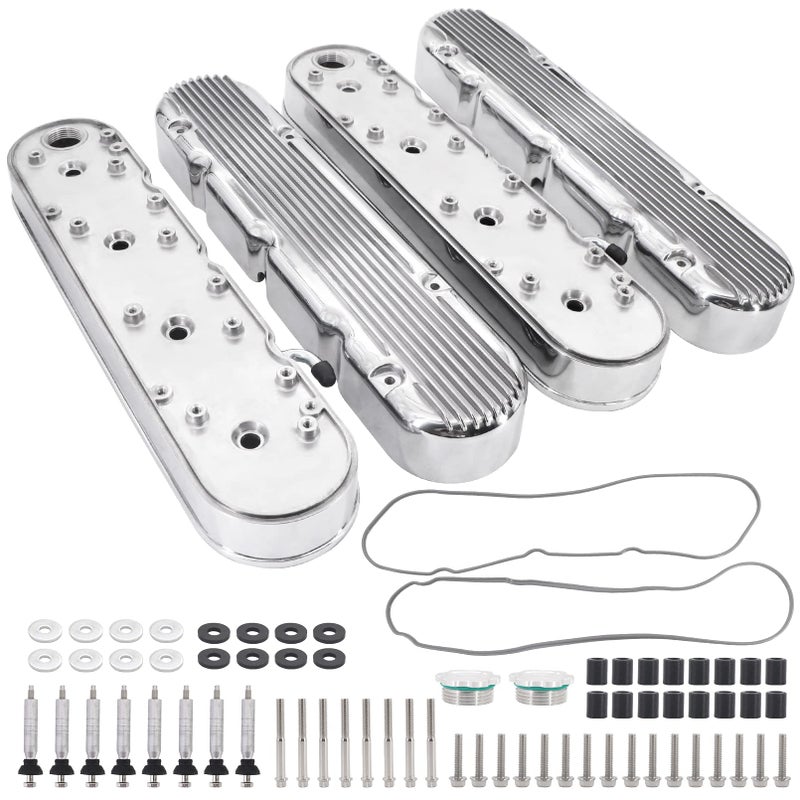 Tektall LS Finned Cast Aluminum Valve Covers with Coil Mounts and Covers Compatible with Chevy Small Block SB V8 293 325 376 427 LS1 LS2 LS3 LS6 LS7 Silver