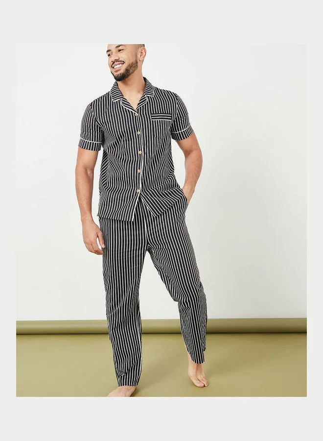 Styli Piping Collar Detail Striped Shirt and Pyjama Set