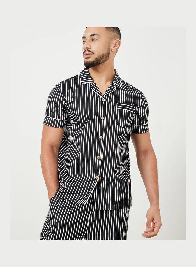 Styli Piping Collar Detail Striped Shirt and Pyjama Set