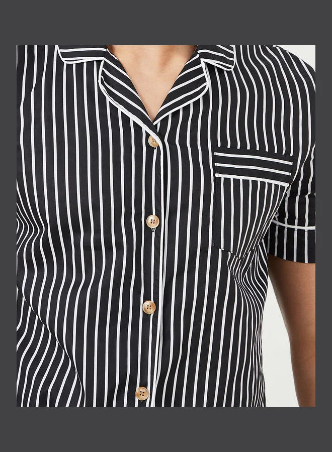 Styli Piping Collar Detail Striped Shirt and Pyjama Set