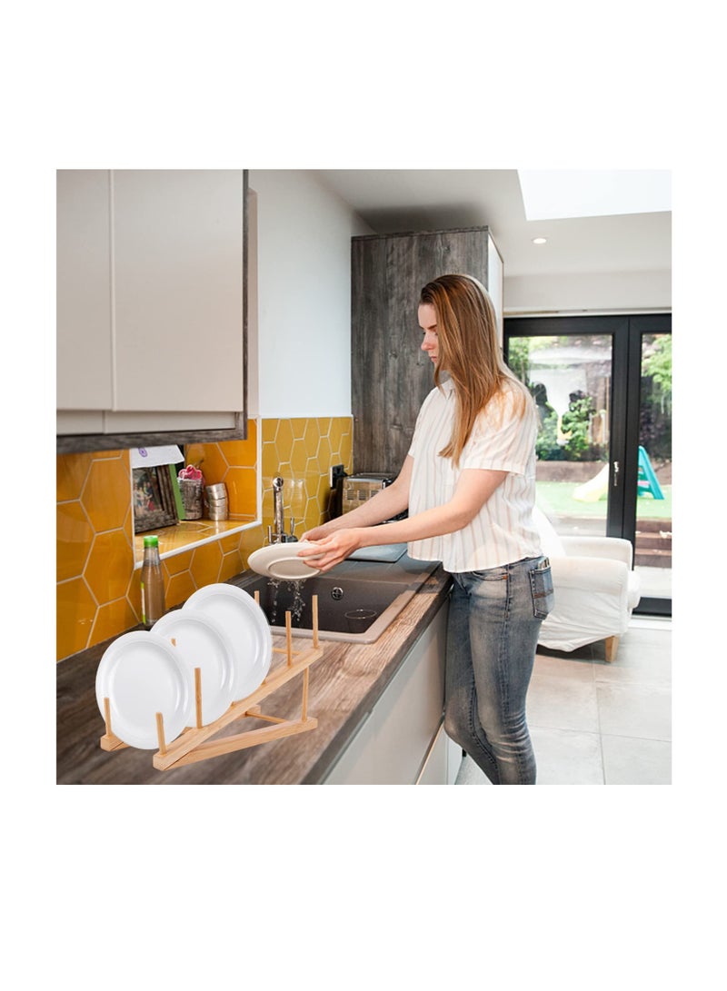 Excefore 2 Pack Wooden Dish Rack, Wooden Plate Rack, Kitchen Counter Storage Holder, Dish Drying Rack, Suitable for Plate, Cup, Pot Lid, Bowl, Cutting Board - Image 2