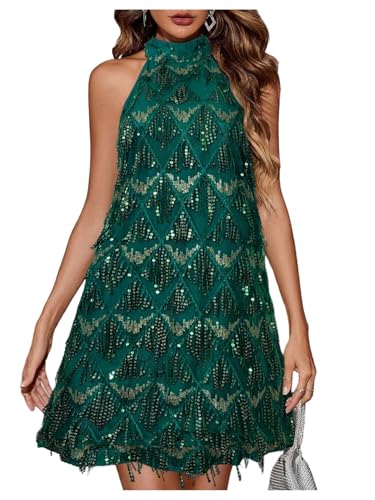 OYOANGLE Women's Sequin Sparkly Cocktail Party Dress Glitter Sleeveless Halter Mini Dress Outfits Clubwear Dark Green S - Image 1