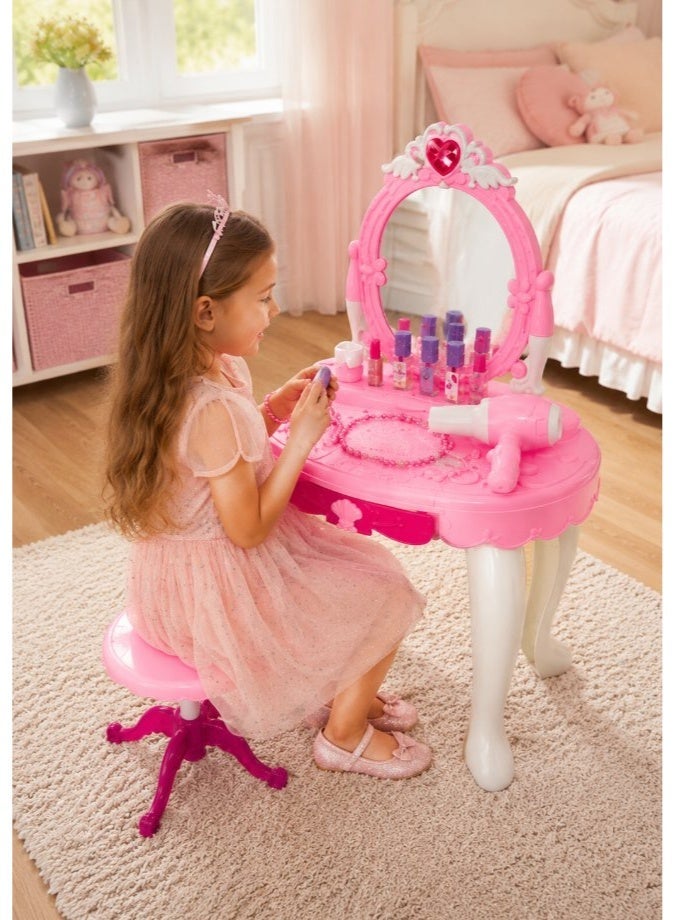 DAT Princess Glamour Vanity Table with Heart-Shaped Mirror, LED Light and Musical Effects, Pink and White - Image 5