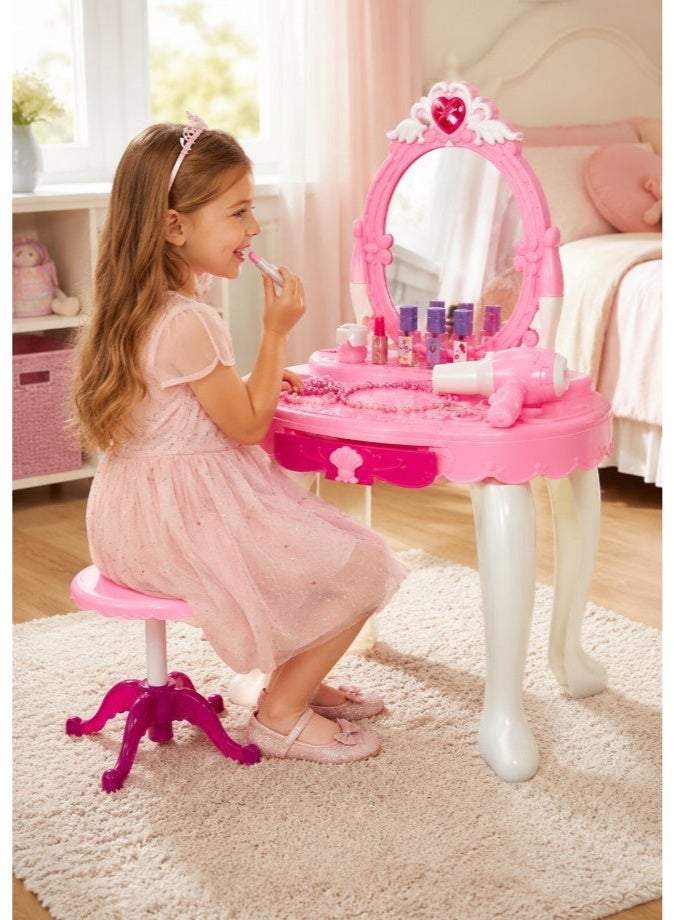 DAT Princess Glamour Vanity Table with Heart-Shaped Mirror, LED Light and Musical Effects, Pink and White - Image 2