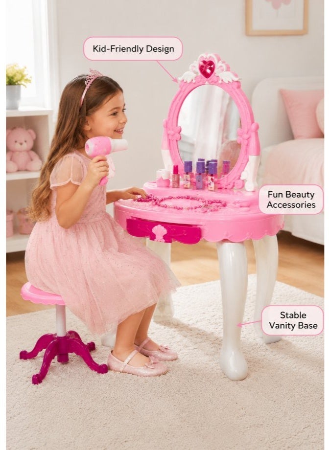 DAT Princess Glamour Vanity Table with Heart-Shaped Mirror, LED Light and Musical Effects, Pink and White - Image 4