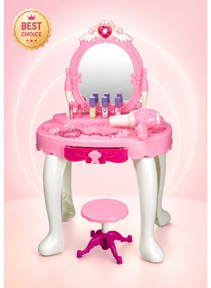DAT Princess Glamour Vanity Table with Heart-Shaped Mirror, LED Light and Musical Effects, Pink and White - Image 1