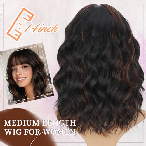 Lativ Black Mix Brown Wig with Bangs Short Wavy Wigs for Women Shoulder Length Curly Bob Wigs 14 Inches for Halloween Cosplay Daily Party Use - Image 2