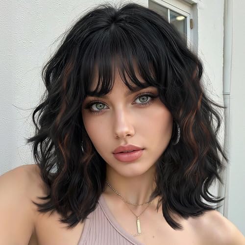 Lativ Black Mix Brown Wig with Bangs Short Wavy Wigs for Women Shoulder Length Curly Bob Wigs 14 Inches for Halloween Cosplay Daily Party Use - Image 1