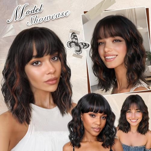 Lativ Black Mix Brown Wig with Bangs Short Wavy Wigs for Women Shoulder Length Curly Bob Wigs 14 Inches for Halloween Cosplay Daily Party Use - Image 5