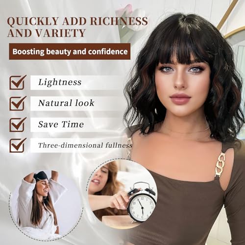 Lativ Black Mix Brown Wig with Bangs Short Wavy Wigs for Women Shoulder Length Curly Bob Wigs 14 Inches for Halloween Cosplay Daily Party Use - Image 4