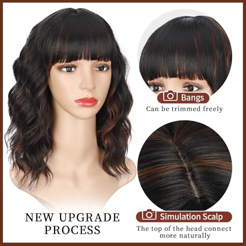 Lativ Black Mix Brown Wig with Bangs Short Wavy Wigs for Women Shoulder Length Curly Bob Wigs 14 Inches for Halloween Cosplay Daily Party Use - Image 3