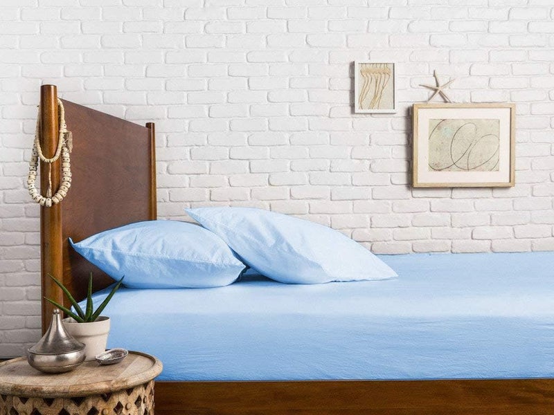 Easy Bedding 100 Cotton Elastic Fitted Bedsheet with 2 Pillow Cover 1000TC 12 Deep Pocket Fitted Bedsheet All Around Elastic Fitted Soft King Size Light Blue Solid - Image 2