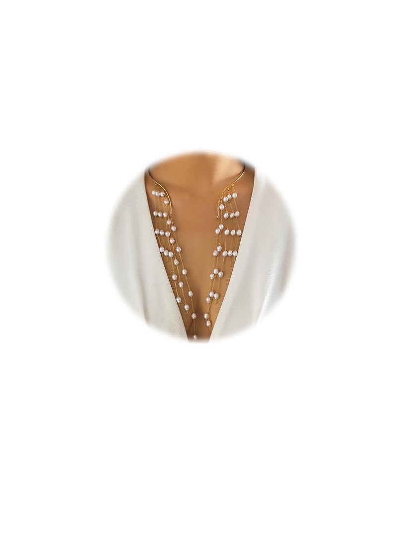 Excefore Adjustable Gold Big Pearl Choker Necklace for Women, Elegant Cuff Collar Statement Chain Necklace. Simple Metal Open Pearl Choker Necklace, Pearl Chest Body Jewelry for Women. - Image 1