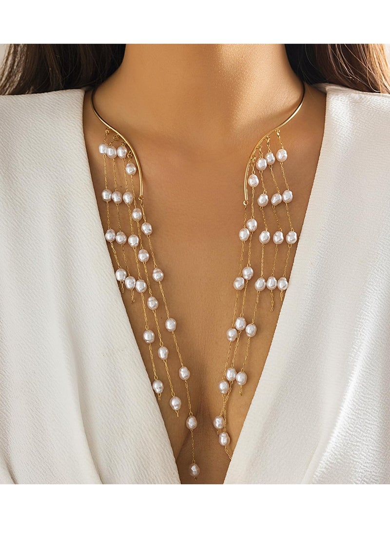 Excefore Adjustable Gold Big Pearl Choker Necklace for Women, Elegant Cuff Collar Statement Chain Necklace. Simple Metal Open Pearl Choker Necklace, Pearl Chest Body Jewelry for Women. - Image 2