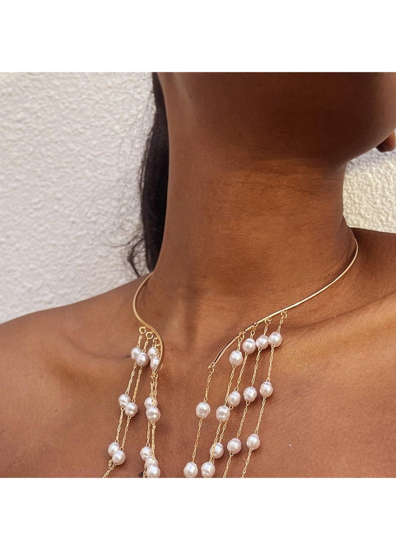 Excefore Adjustable Gold Big Pearl Choker Necklace for Women, Elegant Cuff Collar Statement Chain Necklace. Simple Metal Open Pearl Choker Necklace, Pearl Chest Body Jewelry for Women. - Image 4