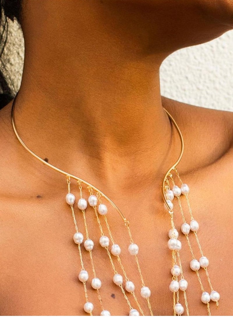 Excefore Adjustable Gold Big Pearl Choker Necklace for Women, Elegant Cuff Collar Statement Chain Necklace. Simple Metal Open Pearl Choker Necklace, Pearl Chest Body Jewelry for Women. - Image 5