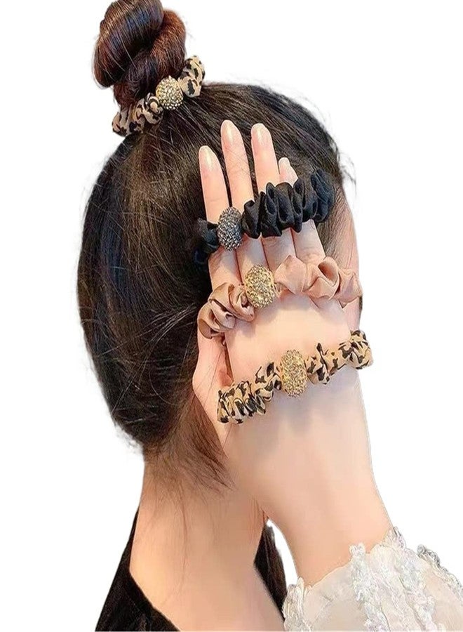 مجموعة من 4 ربطات شعر مطاطية مزينة بخرز أحجار الراين من Xiwstar، مصنوعة من الحرير الساتان بنقشة جلد النمر، تُستخدم كحلقات شعر لتثبيت ذيل الحصان. - Image 2