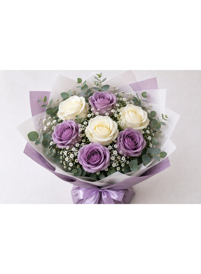 CRESCENT Flowers Fresh Flower Bouquet with 7 Premium Roses (4 Purple, 3 White), Baby's Breath, and Eucalyptus, White & Lavender Wrapped - Image 1