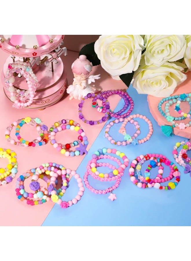 PinkSheep Beaded Bracelets for Kids- 12 Pack 36 PC, Little Girl Plastic Bracelets, Flower Butterfly Pink Bracelet, Party Favor - Image 2