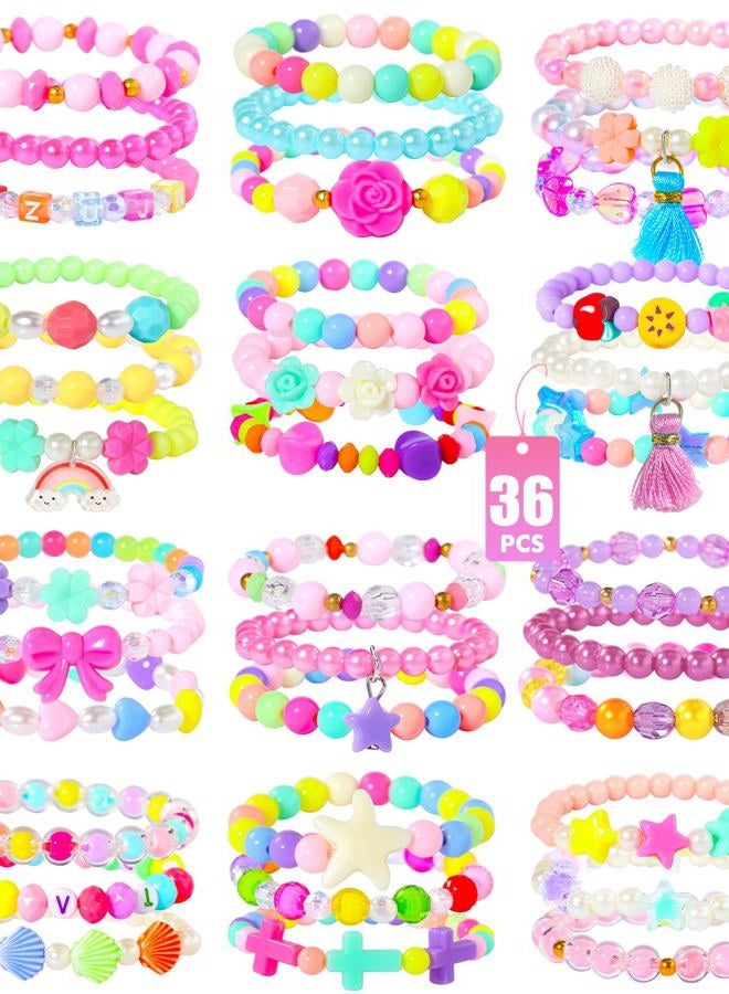 PinkSheep Beaded Bracelets for Kids- 12 Pack 36 PC, Little Girl Plastic Bracelets, Flower Butterfly Pink Bracelet, Party Favor - Image 1