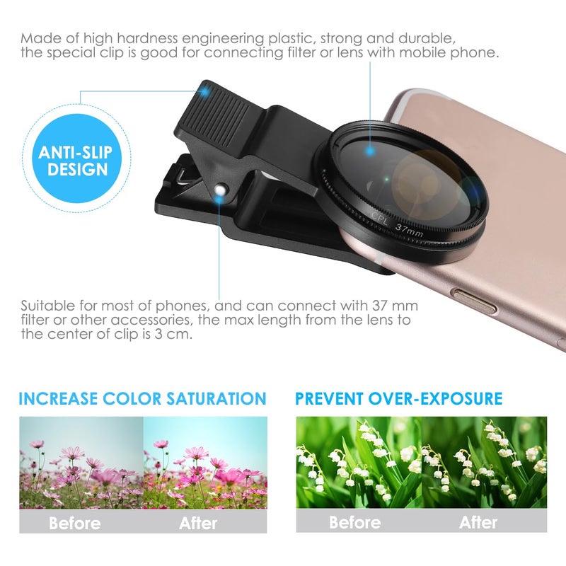 UKCOCO 37mm Cpl Phone Camera Lens - Ultra-Thin Clip-on Circular Polarizer Filter for Smartphones - Enhance Color Saturation, Reduce Glare, Portable and Detachable - Image 3