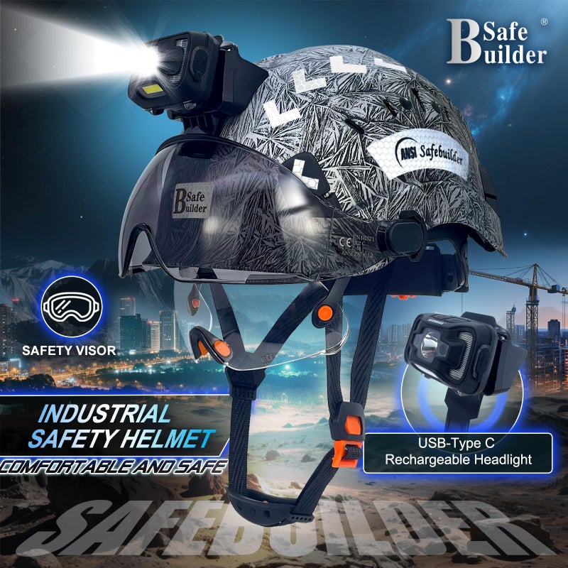 SAFEBUILDER Safety Hard Hats with Visor and Headlight Lightweight Vented Safety Helmet Headlamp for Construction Industrial Outdoor Work ANSI Z89.1 Approved (GangMu+CSV+SHL01 Headlight) - Image 2