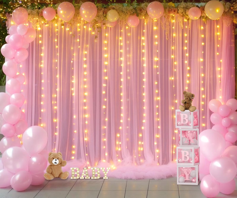 Suppromo 10ft x 10ft Pink Tulle Photo Backdrop Curtain with Lights String for Parties Wedding Sheer Baby Pink Curtain Backdrop for Birthday Party Baby Shower Photo Booth Photography Background Decorations - Image 3