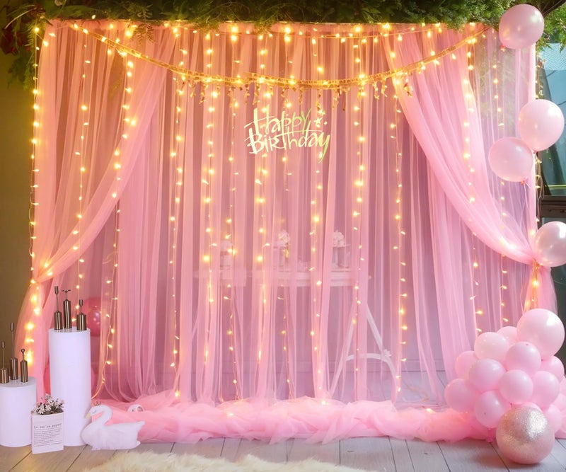Suppromo 10ft x 10ft Pink Tulle Photo Backdrop Curtain with Lights String for Parties Wedding Sheer Baby Pink Curtain Backdrop for Birthday Party Baby Shower Photo Booth Photography Background Decorations - Image 2
