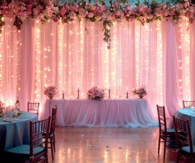 Suppromo 10ft x 10ft Pink Tulle Photo Backdrop Curtain with Lights String for Parties Wedding Sheer Baby Pink Curtain Backdrop for Birthday Party Baby Shower Photo Booth Photography Background Decorations - Image 5