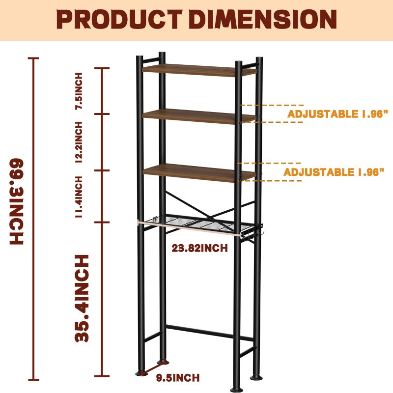 GloTika 4-Tier Over-The-Toilet Storage Rack, Bathroom Organizer Shelf Over Toilet with Adjustable Shelf, Freestanding Space Saver Bathroom Shelves Above Toilet for Room (Black-Round) - Image 2