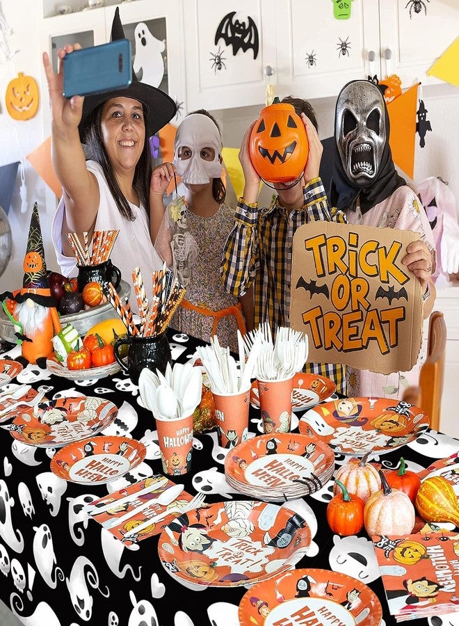 آت فن شوب مفرش طاولة بلاستيكي من ATFUNSHOP للهالوين، عبوة من 4 قطع، مقاس 54 × 108، غطاء طاولة مستطيل الشكل بتصميم شبح، مقاوم للماء والانسكاب، للاستخدام مرة واحدة - Image 4