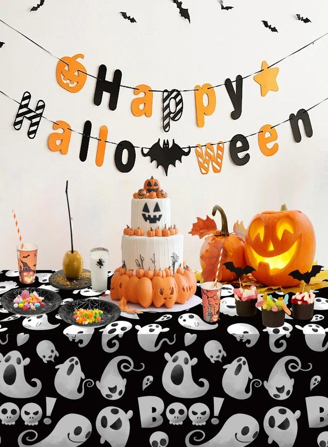 آت فن شوب مفرش طاولة بلاستيكي من ATFUNSHOP للهالوين، عبوة من 4 قطع، مقاس 54 × 108، غطاء طاولة مستطيل الشكل بتصميم شبح، مقاوم للماء والانسكاب، للاستخدام مرة واحدة - Image 3