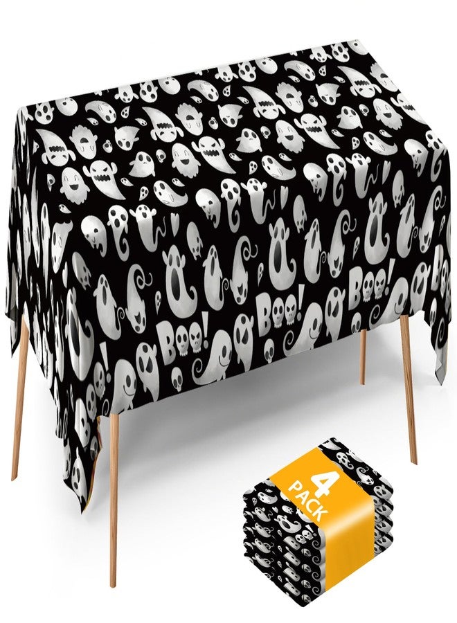 آت فن شوب مفرش طاولة بلاستيكي من ATFUNSHOP للهالوين، عبوة من 4 قطع، مقاس 54 × 108، غطاء طاولة مستطيل الشكل بتصميم شبح، مقاوم للماء والانسكاب، للاستخدام مرة واحدة - Image 1