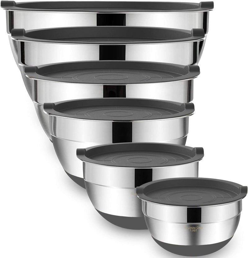 Umite Chef Mixing Bowls with Airtight Lids，6 piece Stainless Steel Metal Nesting Storage Bowls by, Non-Slip Bottoms Size 7, 3.5, 2.5, 2.0,1.5, 1QT, Great for Mixing & Serving(Grey) - Image 1