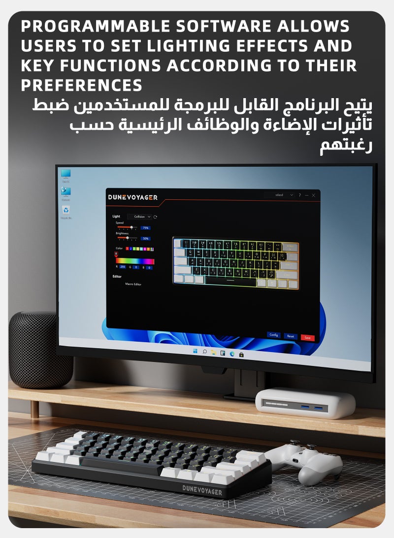 DuneVoyager Pc/Ps4 61 Keys Red Switch Mechanical Gaming Keyboard, With Arabic Language Gaming Keyboard, With Driver, Hot-Swappable, 16.8 Million Colors Backlit, 60% Mini , Removable Usb Wired, 525g Weight, All Keys Without Conflict Silent Rgb Color Suitable For Pc/Ps4/Xbox Gamers Mac  - Image 2