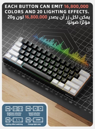 GK02 لوحة مفاتيح ميكانيكية للألعاب بـ61 مفتاح، سويتش أحمر، تدعم اللغة العربية، قابلة للتبديل الساخن، إضاءة خلفية RGB بـ16.8 مليون لون، تصميم صغير 60%، سلك USB قابل للإزالة، وزن 525 جرام، بدون تعارض في المفاتيح، هادئة، متوافقة مع PC / PS4 / Xbox / Mac، مع برنامج تشغيل - view 4