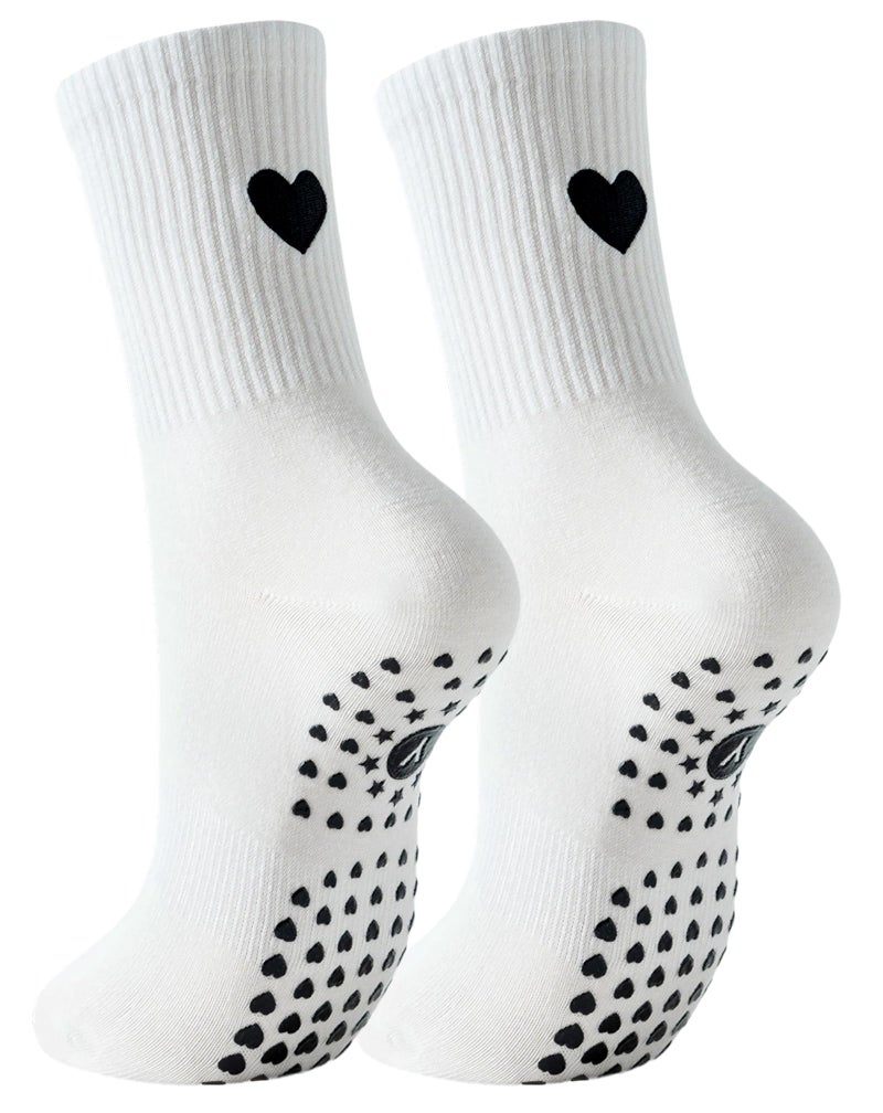 Yawlsow Pilates Grip Socks for Women Yoga Grippy Socks Cute Barre Non Skid Athletic Crew Sticky Sock Workout Hospital (US, Alpha, One Size, Regular, Regular, 1 Pack-White-Big Heart) - Image 1