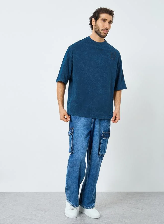 Styli Acid Wash Boxy Terry T-Shirt with Embroidery Detail