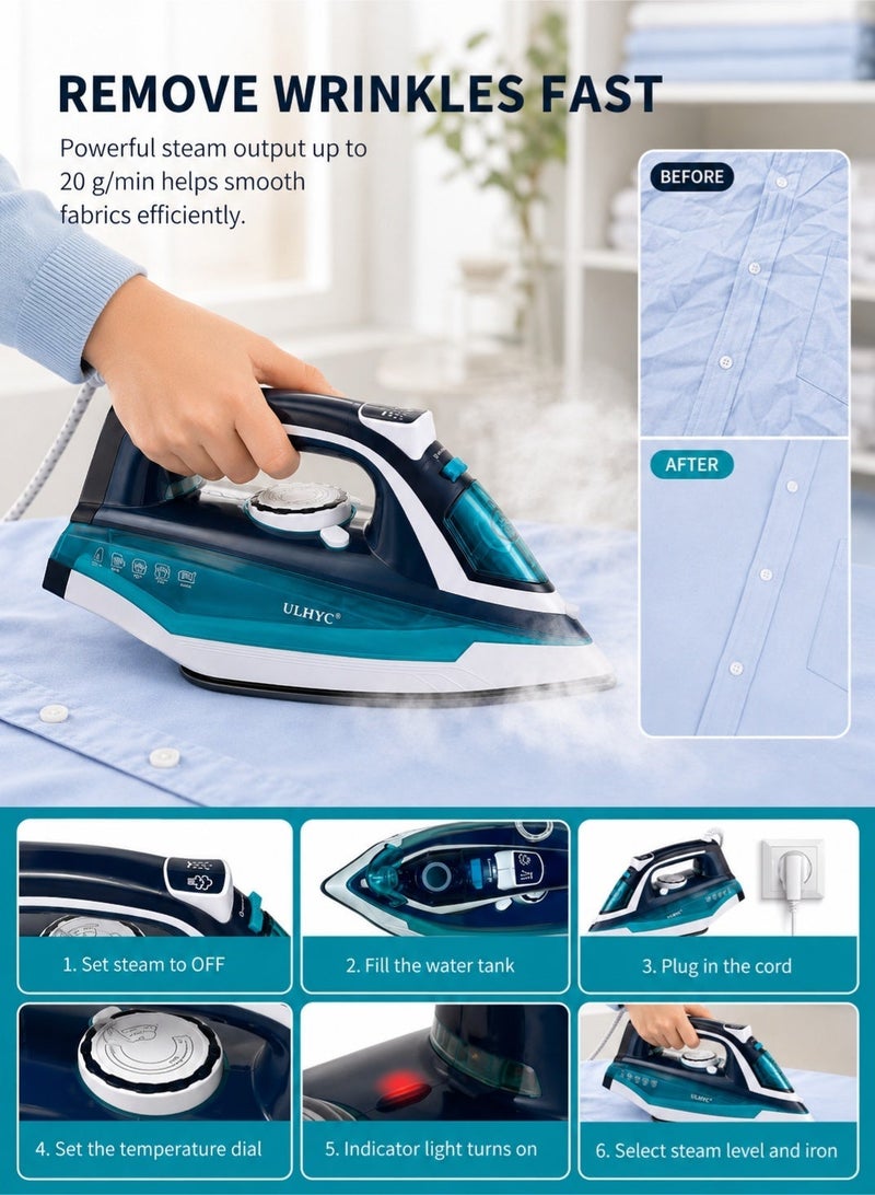 ULHYC Adjustable steam spray iron with non-stick soleplate and spray function 450 ml 2200W JY-07 Blue/Dark Blue - Image 5