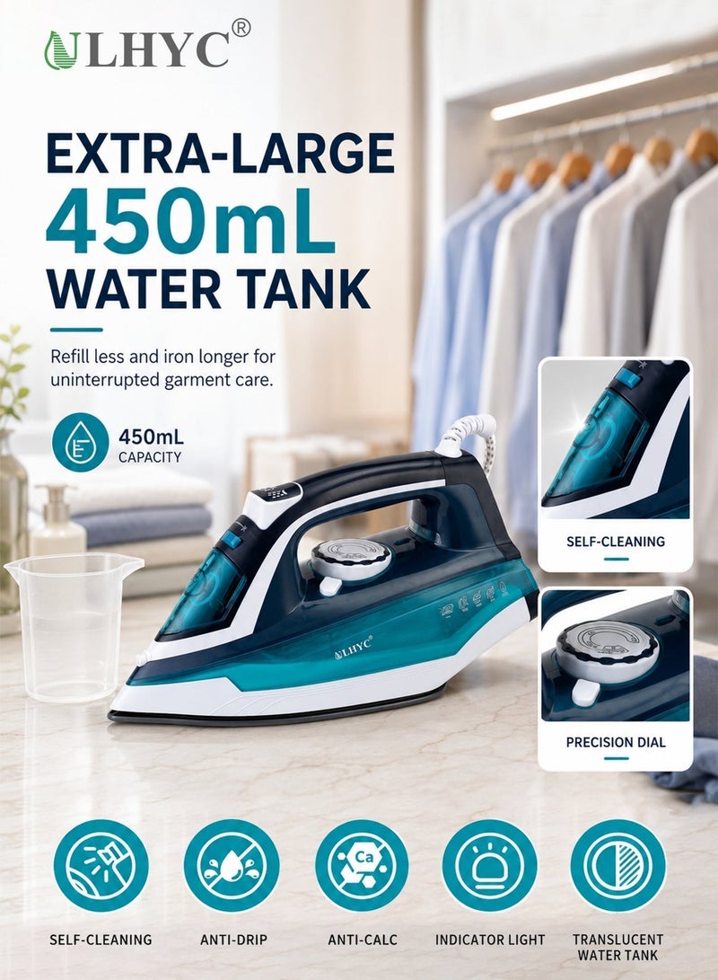 ULHYC Adjustable steam spray iron with non-stick soleplate and spray function 450 ml 2200W JY-07 Blue/Dark Blue - Image 1