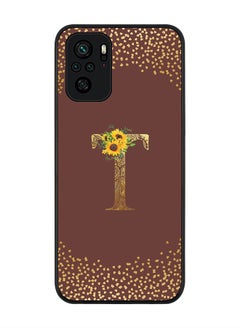 Rugged Black edge case for Xiaomi Poco M5s Slim fit Soft Case Flexible Rubber Edges Anti Drop TPU Gel Thin Cover - Custom Monogram Initial Letter Floral Pattern Alphabet - T (Brown )